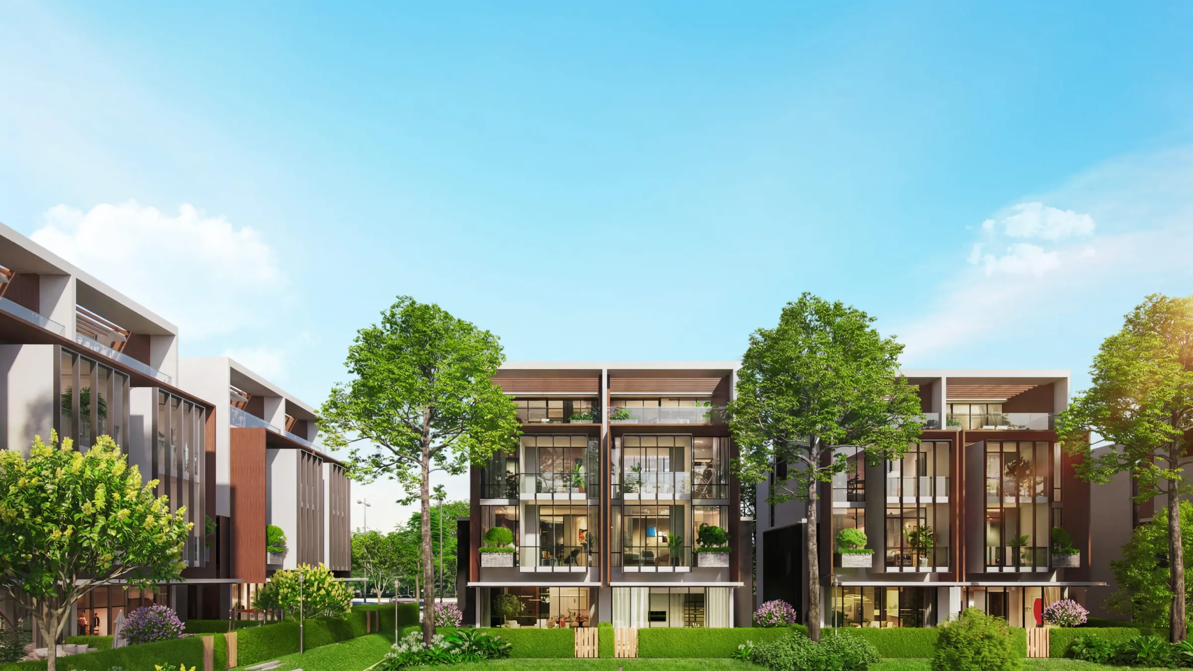Dãy nhà phố vườn Senturia An Phú nhìn từ công viên trung tâm