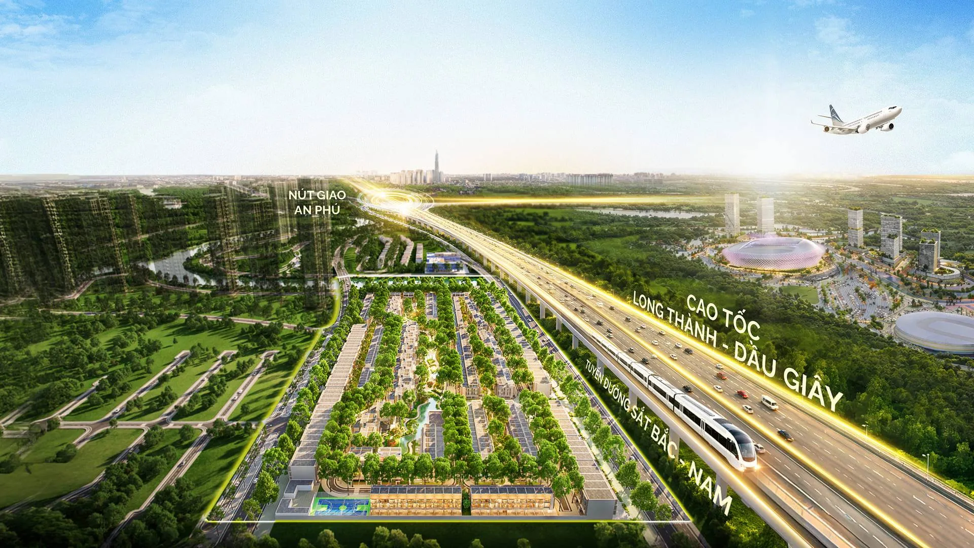 Toàn cảnh Senturia An Phú bên nút giao An Phú, cao tốc TP.HCM – Long Thành – Dầu Giây và tuyến đường sắt nhẹ