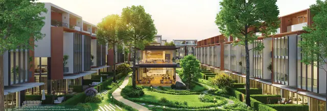 Clubhouse và hồ cảnh quan lúc chiều tối