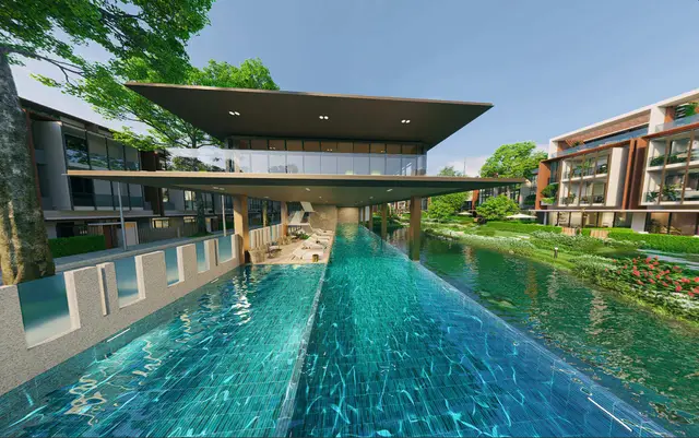 Hồ bơi dài cạnh hồ cảnh quan dưới clubhouse